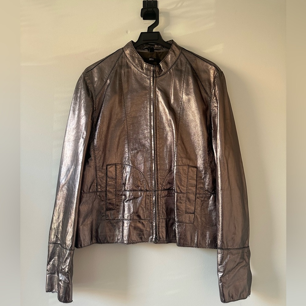 Boss Hugo Boss Silver Metallic Lamb Leather Jacket
